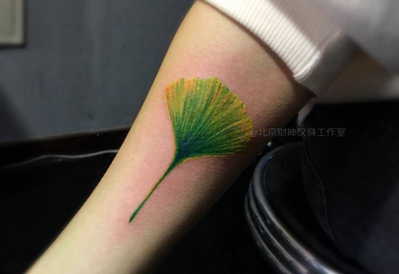 银杏叶纹身图片_成品手臂清新写实植物静物纹身图案