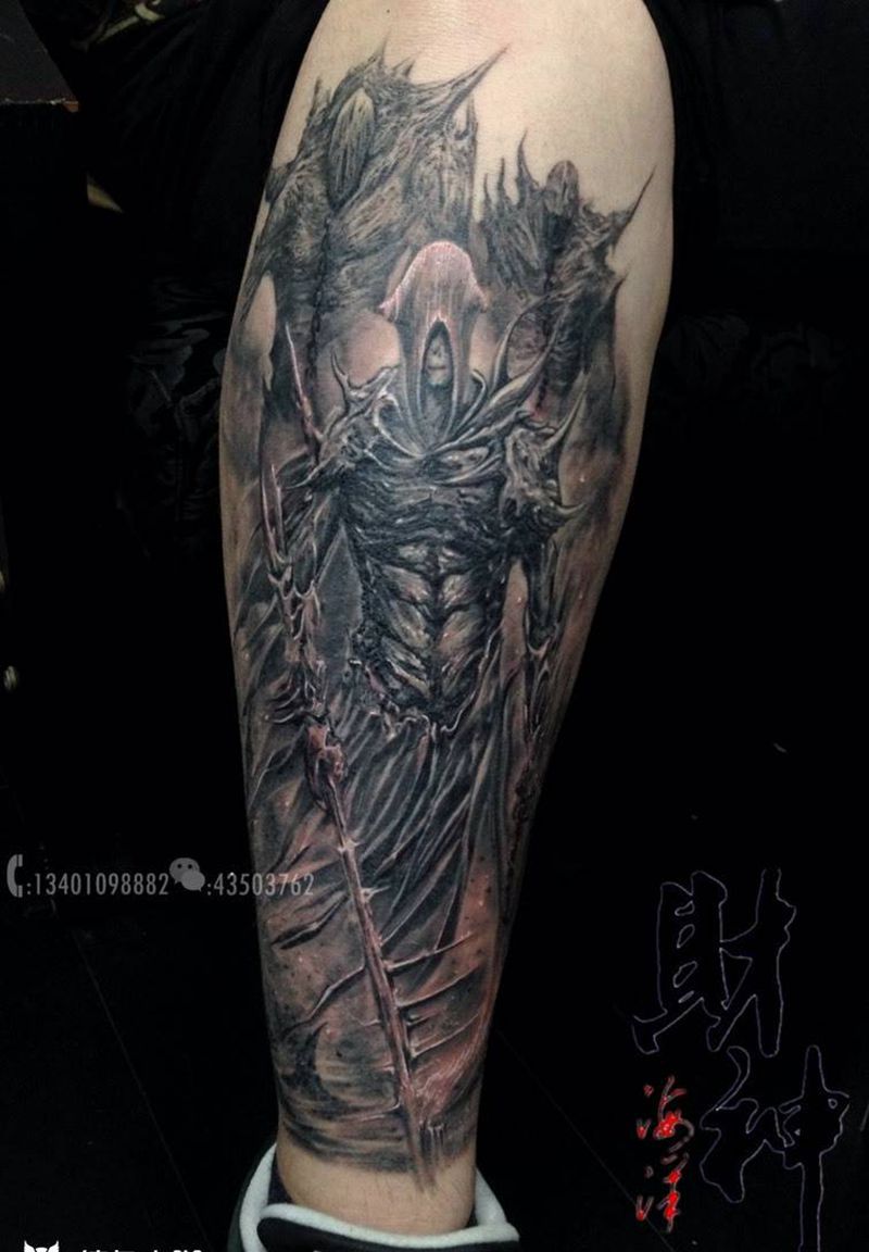 死神纹身图片_成品腿部写实欧美鬼神宗教人物纹身图案