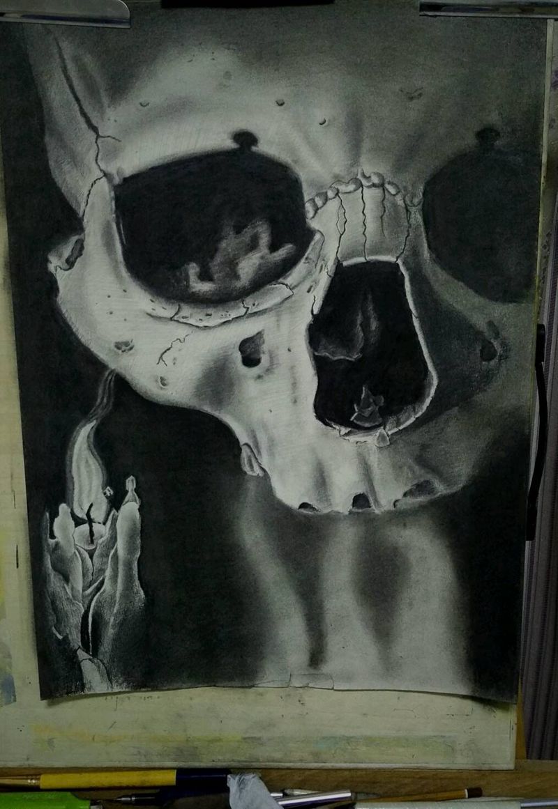 欧美手稿：烛火骷髅纹身图片_背部欧美人物手稿纹身图案