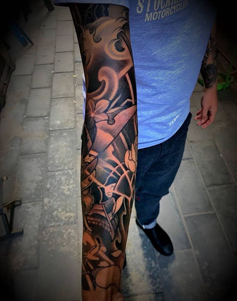 鬼武士包小臂接大臂纹身图片_