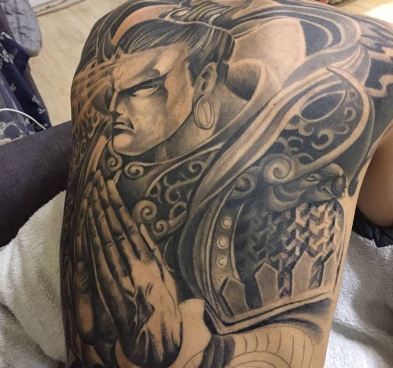 老圖二郎神纹身图片_成品背部传统肖像国画习俗人物二郎神杨戬纹身图案