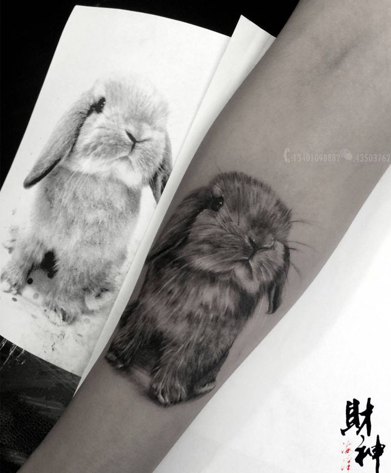 垂耳兔肖像作品纹身图片_成品手臂写实欧美肖像动物原创纹身图案