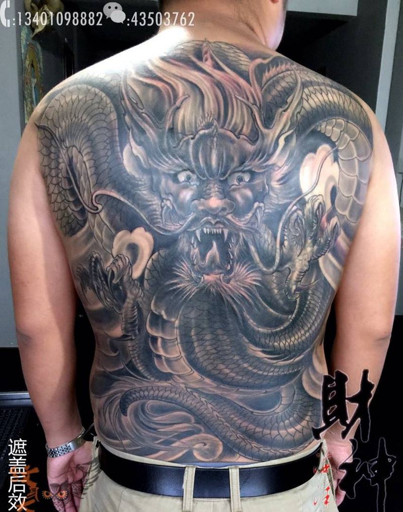 遮盖满背纹身纹身图片_传统鬼神动物背部纹身图案