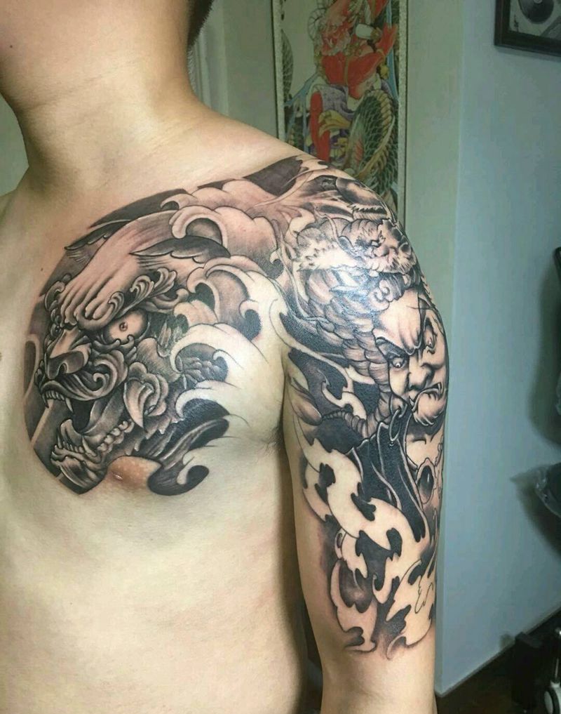 半甲纹身图片_胸部手臂传统动物人物鬼神原创成品纹身图案