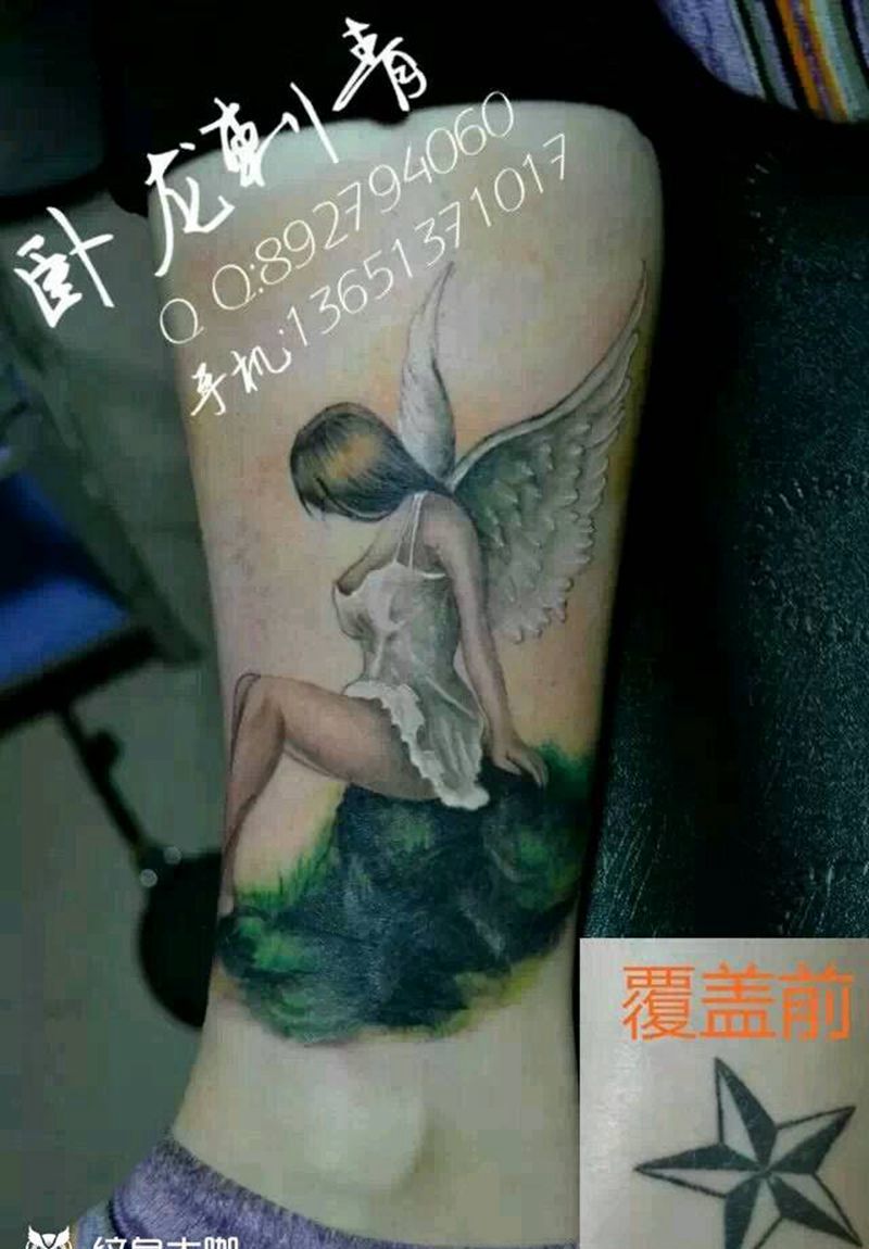 天使纹身覆盖五角星纹身图片_