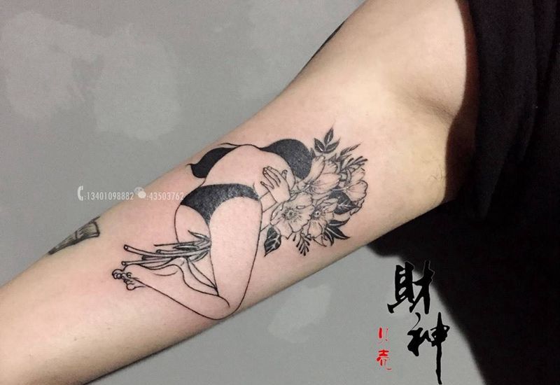 孤独纹身图片_成品手臂清新人物植物静物纹身图案