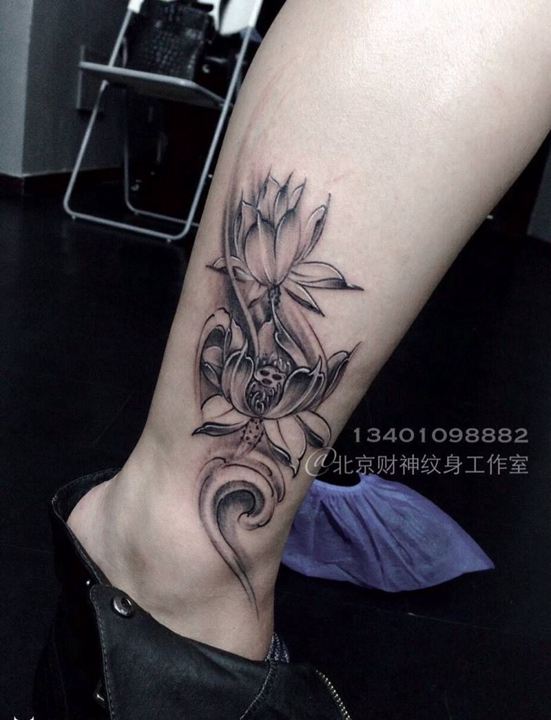 莲纹身图片_成品脚部腿部传统清新植物纹身图案