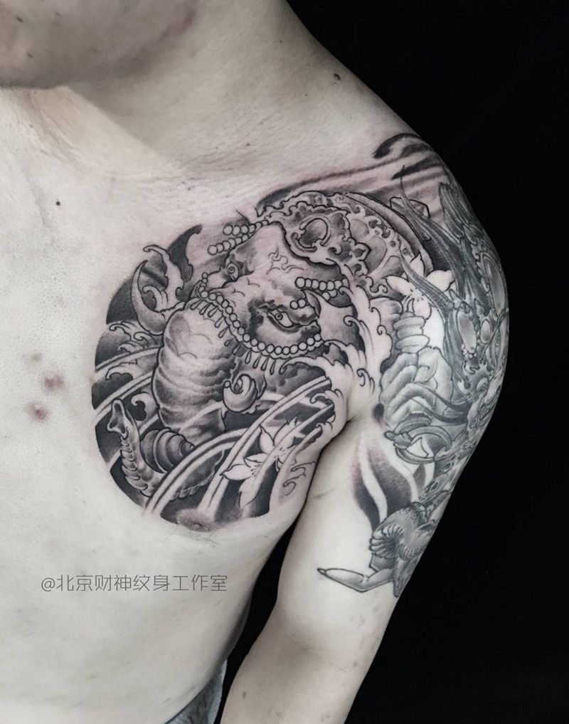 半甲纹身图片_成品肩部手臂传统动物人物纹身图案