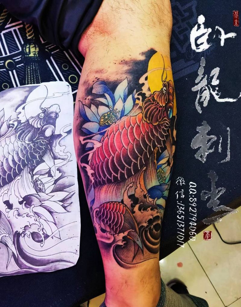 鱼纹身纹身图片_新传统鱼纹身小腿鱼纹身纹身图案