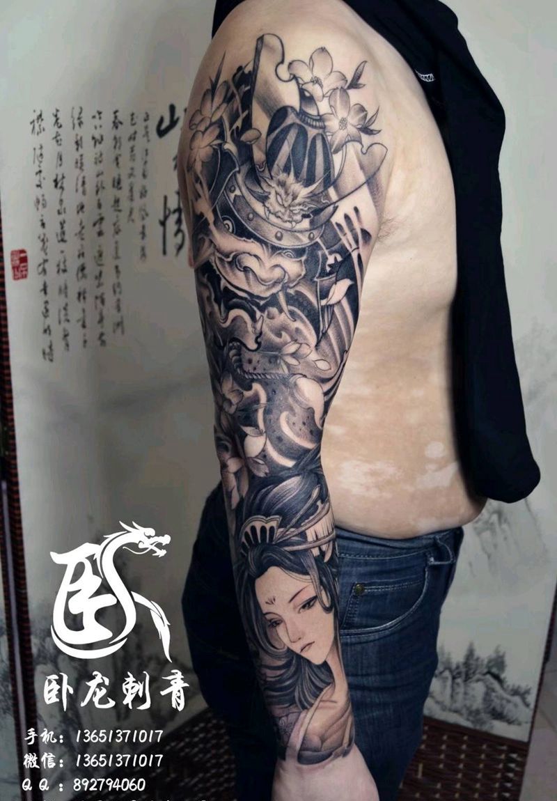 花臂鬼武士和艺伎纹身纹身图片_手臂新传统花臂纹身图案