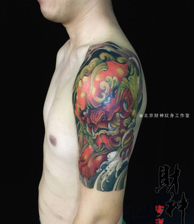 福狮纹身图片_成品肩部手臂传统原创动物纹身图案