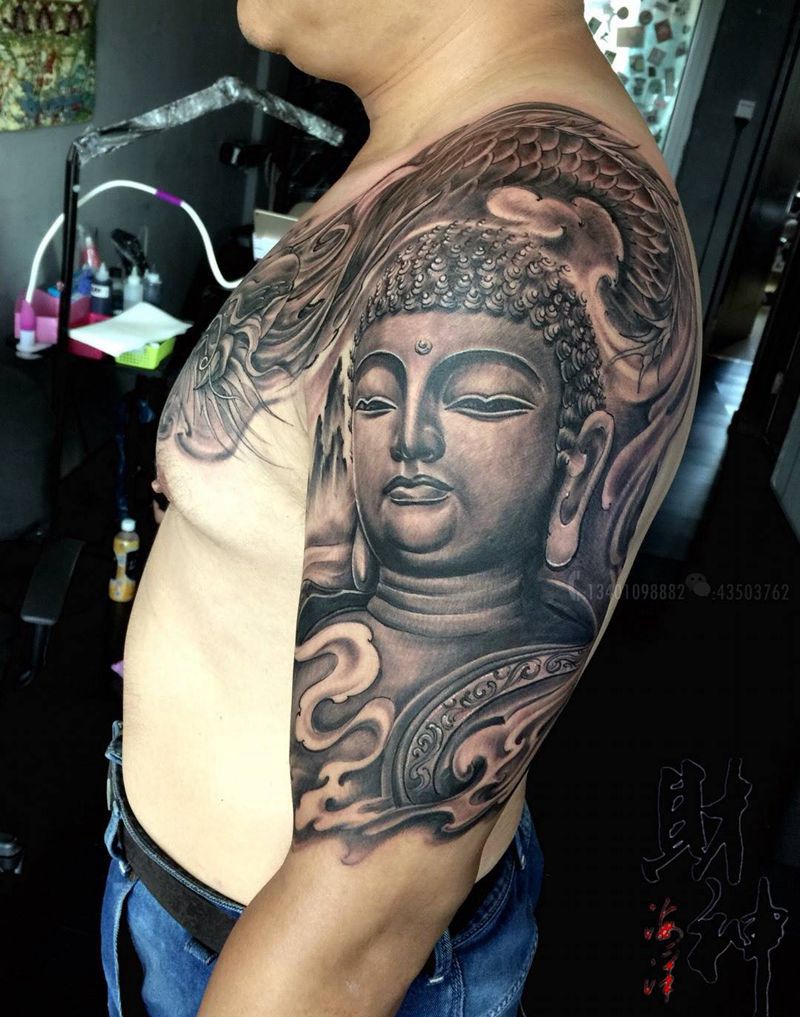 半甲纹身图片_成品传统人物鬼神宗教原创手臂肩部纹身图案
