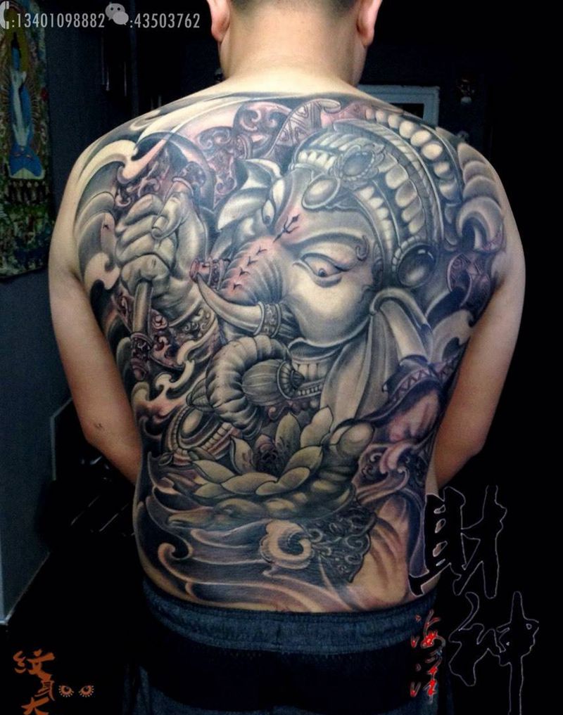 满背象神纹身图片_成品背部传统习俗人物鬼神宗教纹身图案