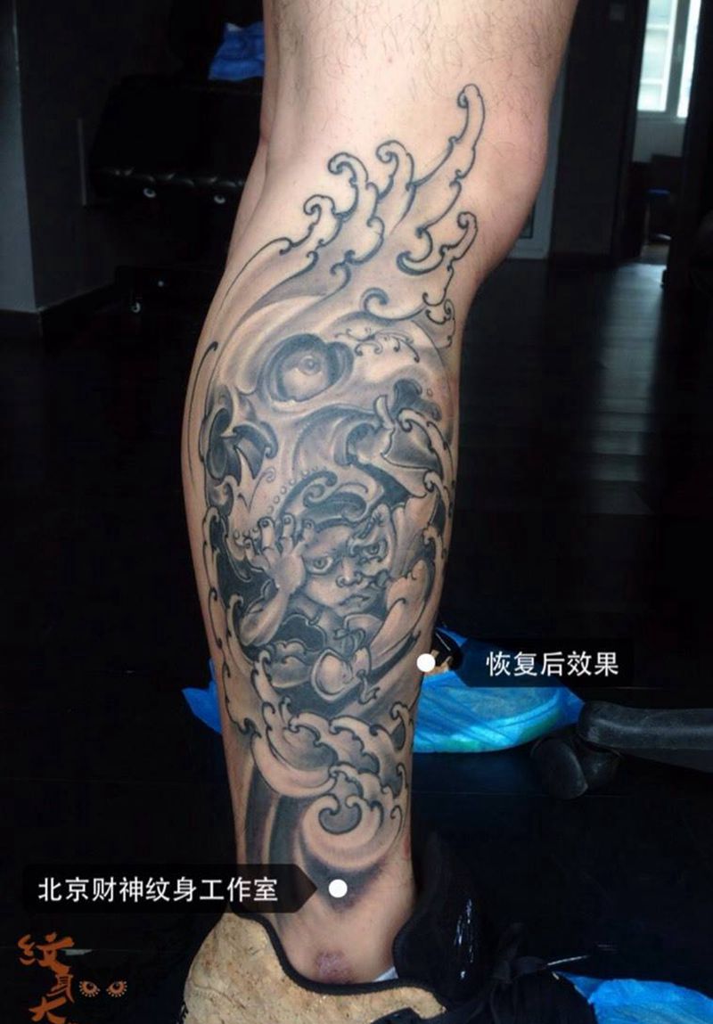 恢复后纹身图片_成品腿部传统欧美人物鬼神原创纹身图案