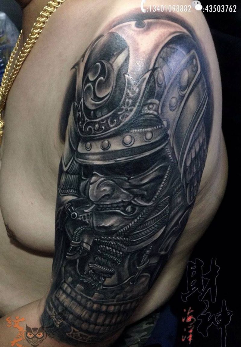 鬼武士纹身图片_成品原创鬼神人物传统肖像欧美肩部手臂纹身图案