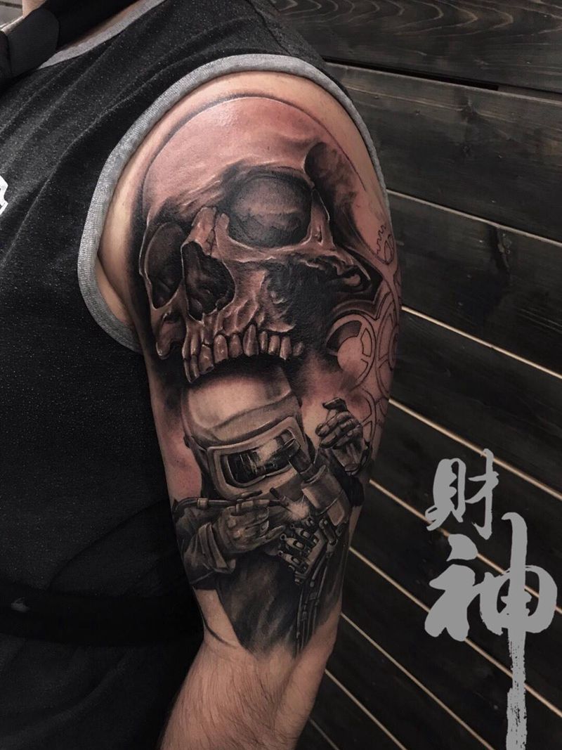 向手艺人致敬纹身图片_肩部手臂欧美写实纹身图案
