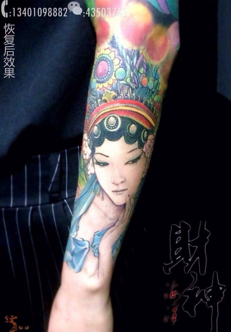 花旦花臂纹身图片_国画肖像传统人物植物手臂纹身图案