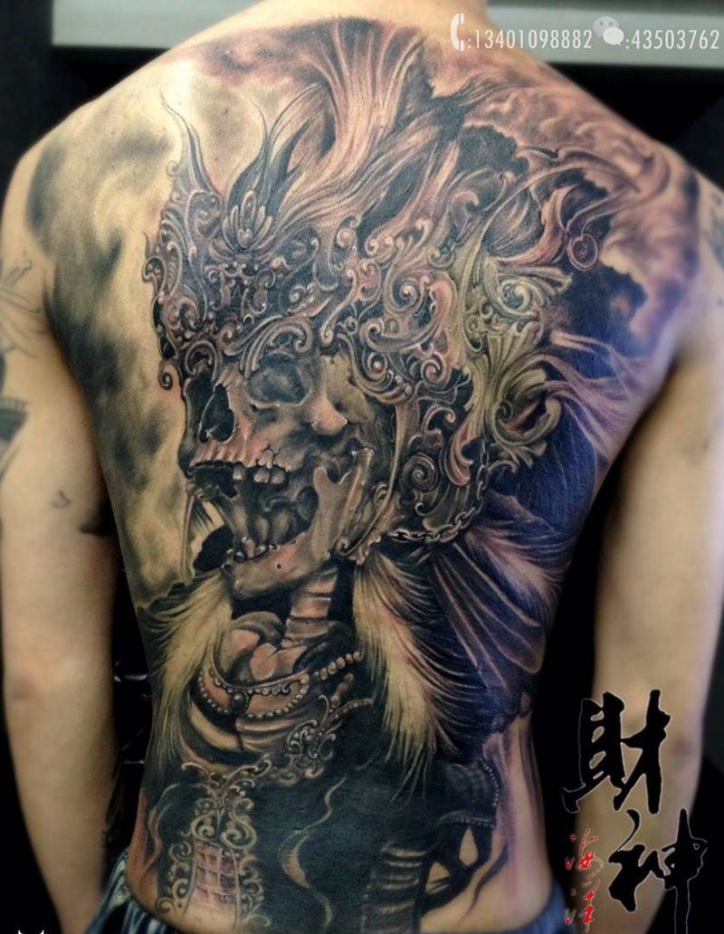 欧美满背纹身图片_成品背部欧美写实肖像人物宗教鬼神纹身图案