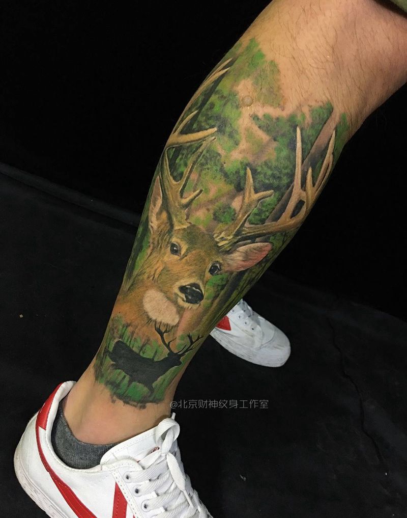 黑灰加彩纹身图片_成品腿部欧美写实动物纹身图案