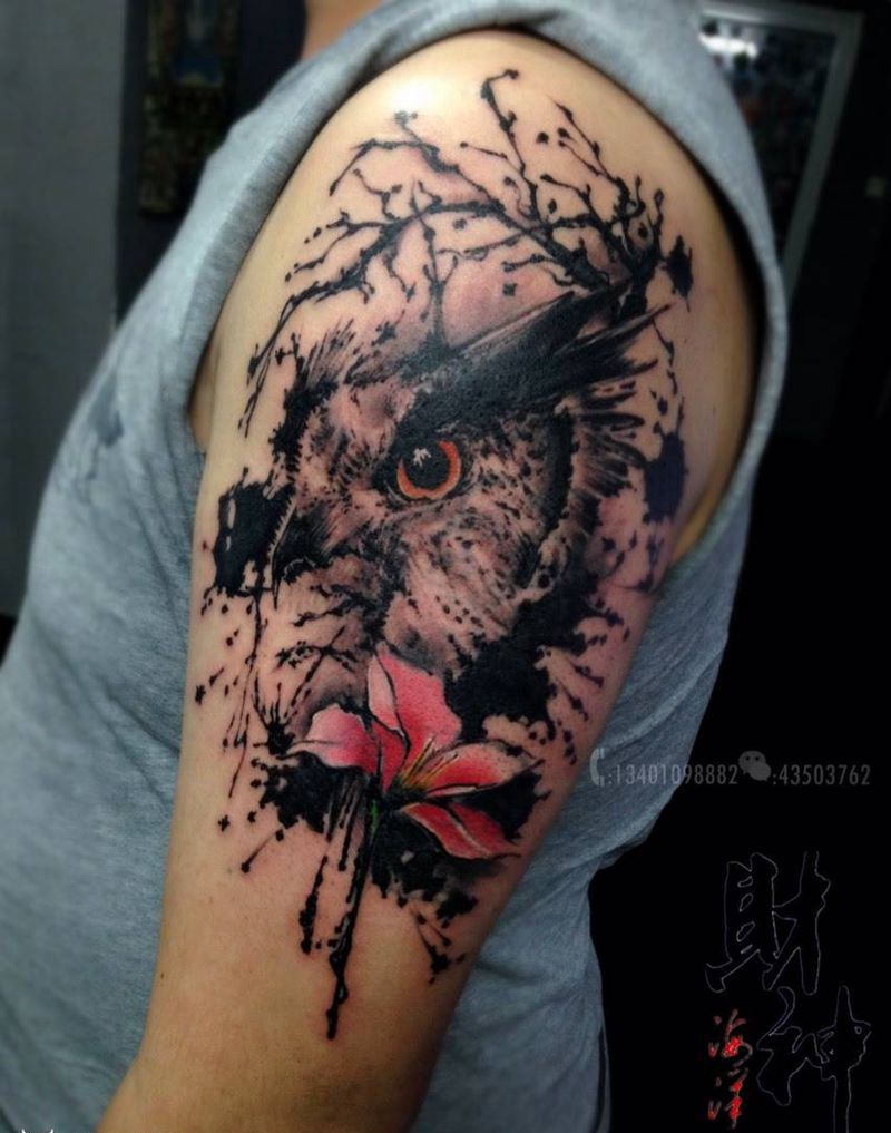 泼墨猫头鹰遮盖纹身图片_成品手臂肩部欧美国画动物植物纹身图案