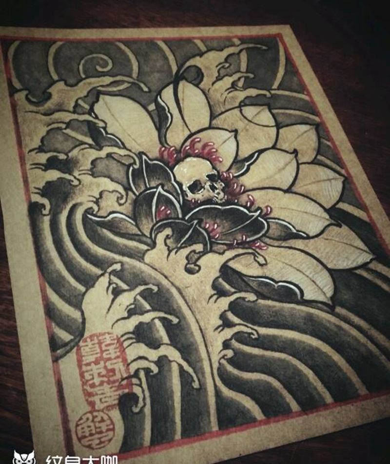 骷髅莲花纹身图片_肩部胸部腹部腰部手臂腿部传统植物鬼神手稿纹身图案