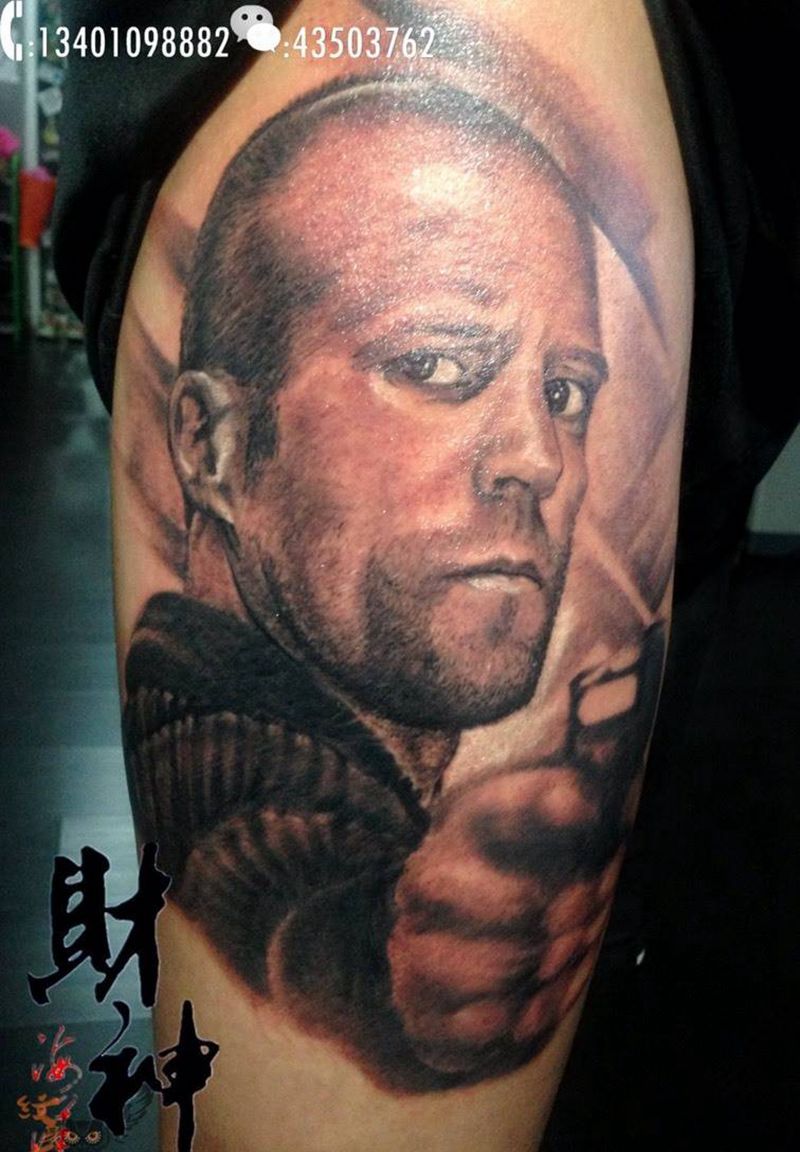 杰森斯坦森纹身图片_人物原创肖像欧美腿部写实纹身图案