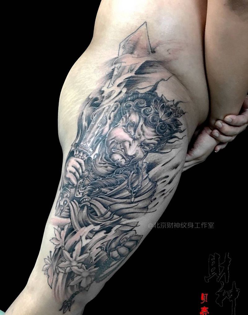 不动纹身图片_成品腿部传统人物纹身图案