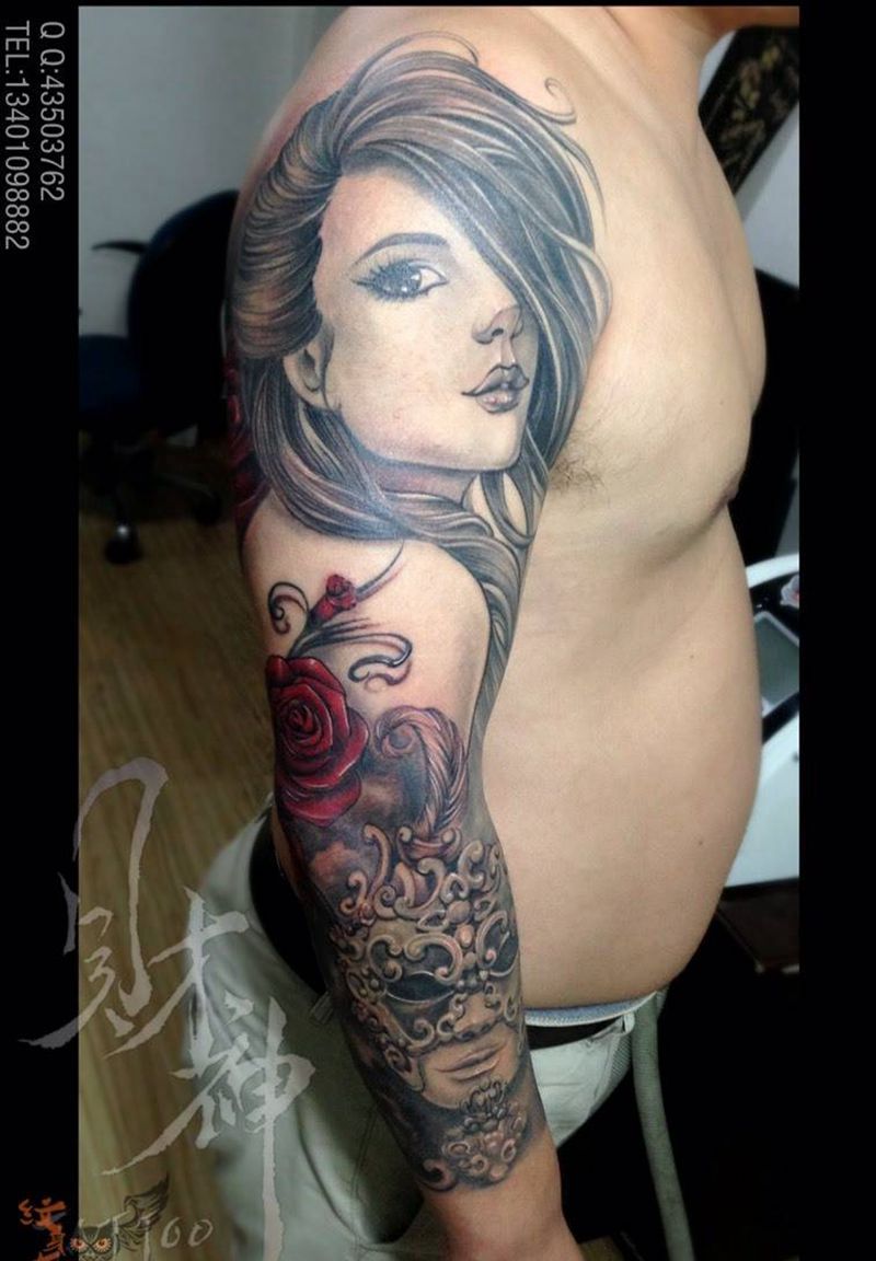 花臂纹身图片_人物原创植物欧美肖像手臂肩部纹身图案