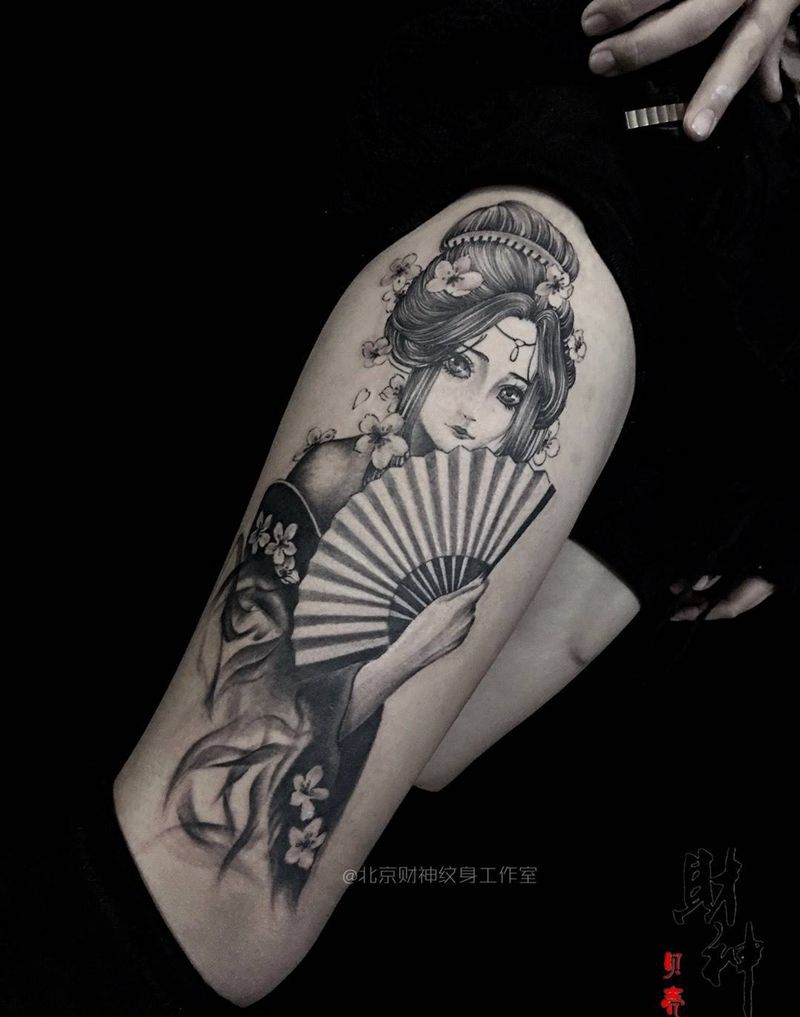 大美铝纹身图片_成品腿部传统清新人物纹身图案
