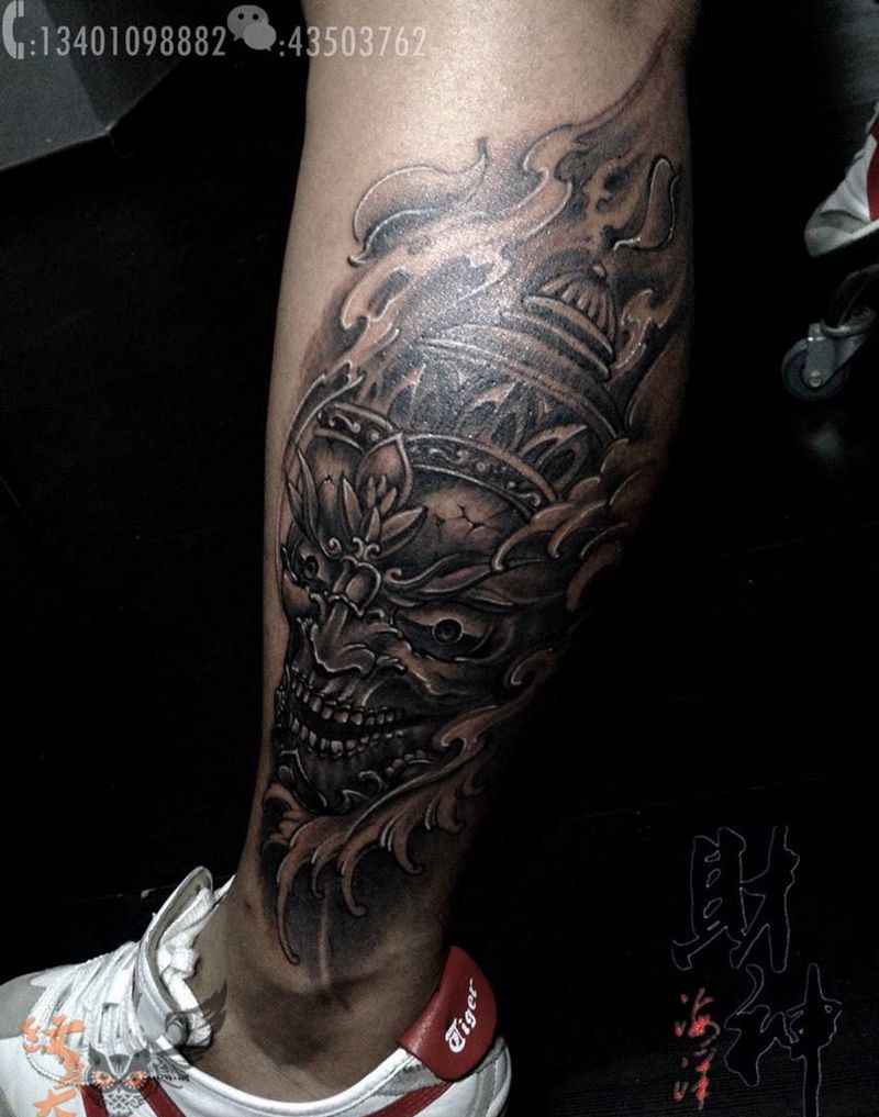 嘎巴拉纹身图片_成品原创鬼神人物宗教传统腿部纹身图案