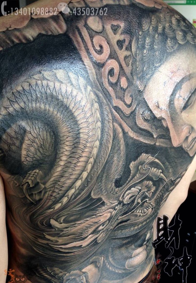 满背纹身图片_传统鬼神宗教原创人物背部动物纹身图案