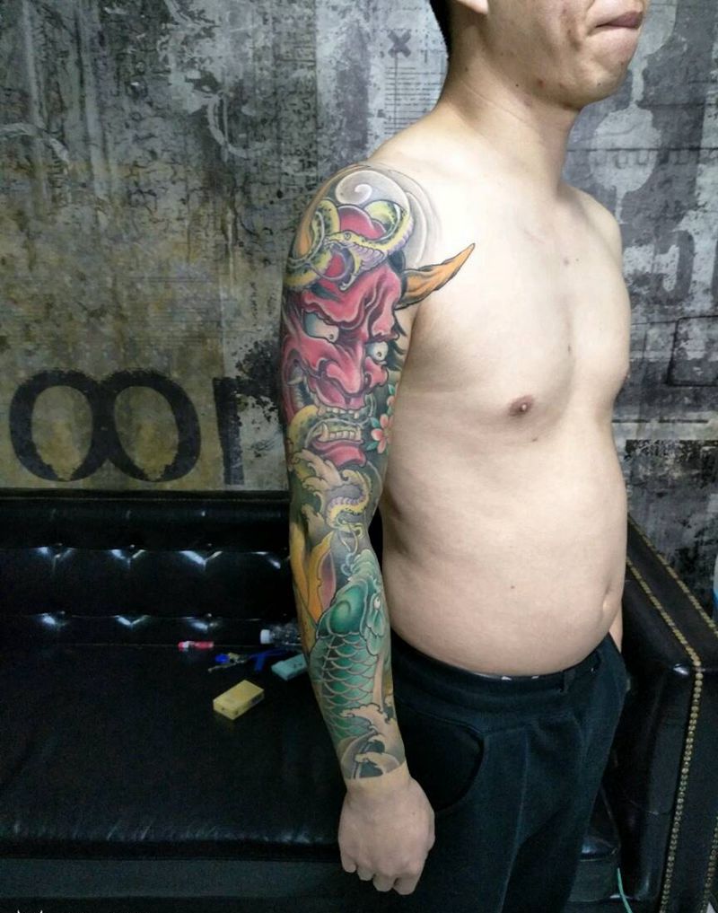 传统花臂纹身图片_手臂传统鬼神成品纹身图案