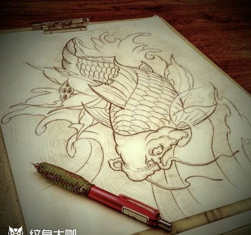 原创鲤鱼手稿！北京地区招模特纹身图片_肩部腰部手臂腿部传统动物手稿纹身图案