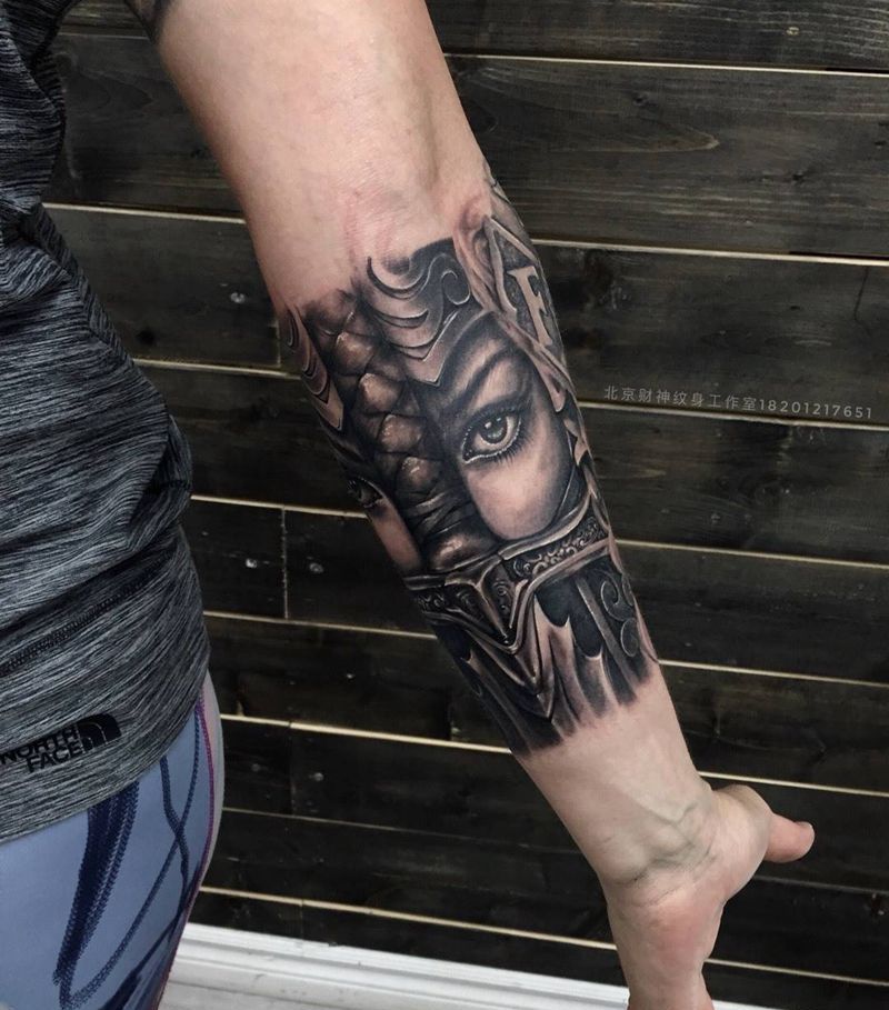 女武士纹身图片_成品欧美写实人物手臂纹身图案