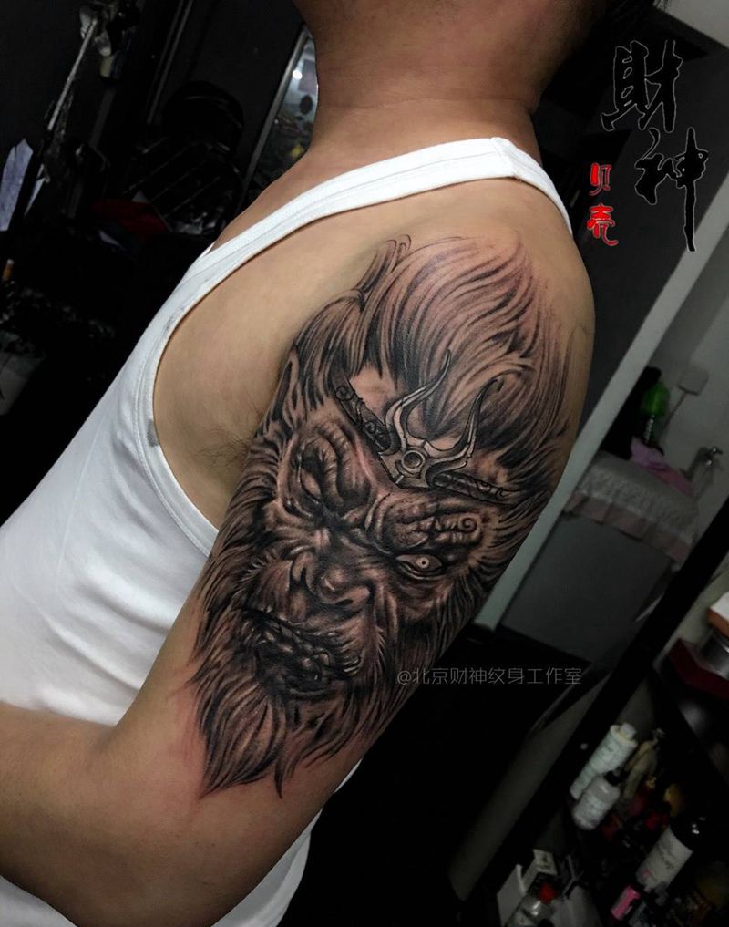 邪猴纹身图片_成品手臂肩部欧美传统动物纹身图案