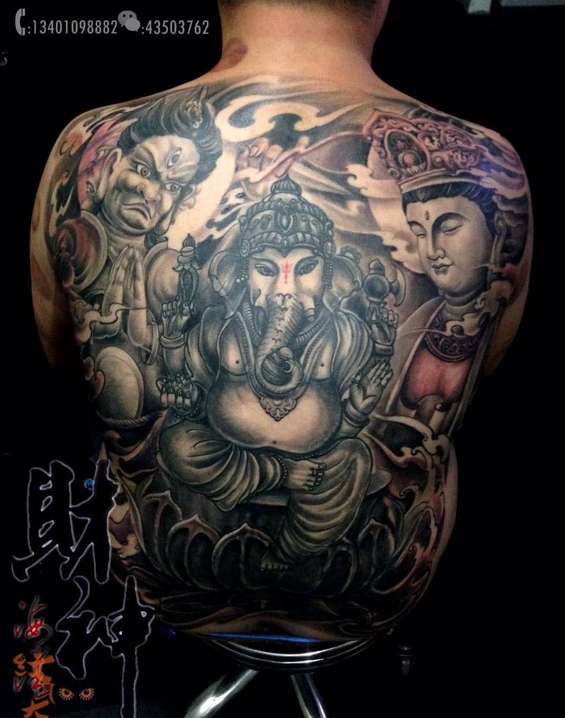 修改添加满背纹身图片_背部传统肖像人物鬼神原创宗教成品纹身图案