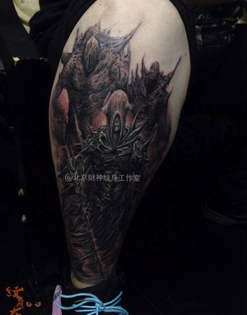 未完成纹身图片_插画原创人物鬼神写实欧美腿部纹身图案