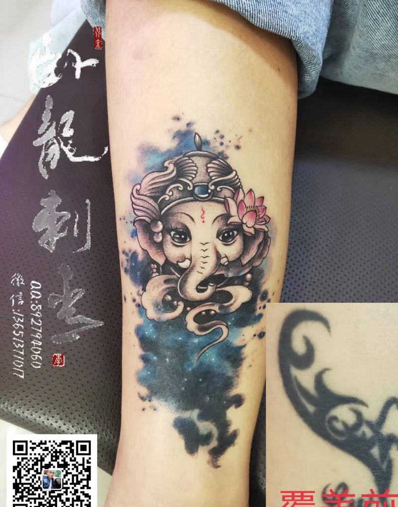象神覆盖图腾纹身纹身图片_手臂水彩水墨纹身图案