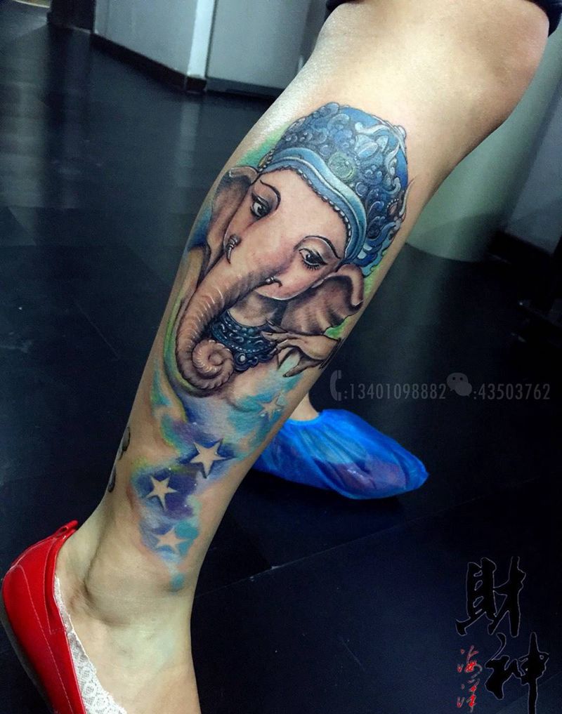 小象纹身图片_成品腿部传统原创宗教人物鬼神纹身图案