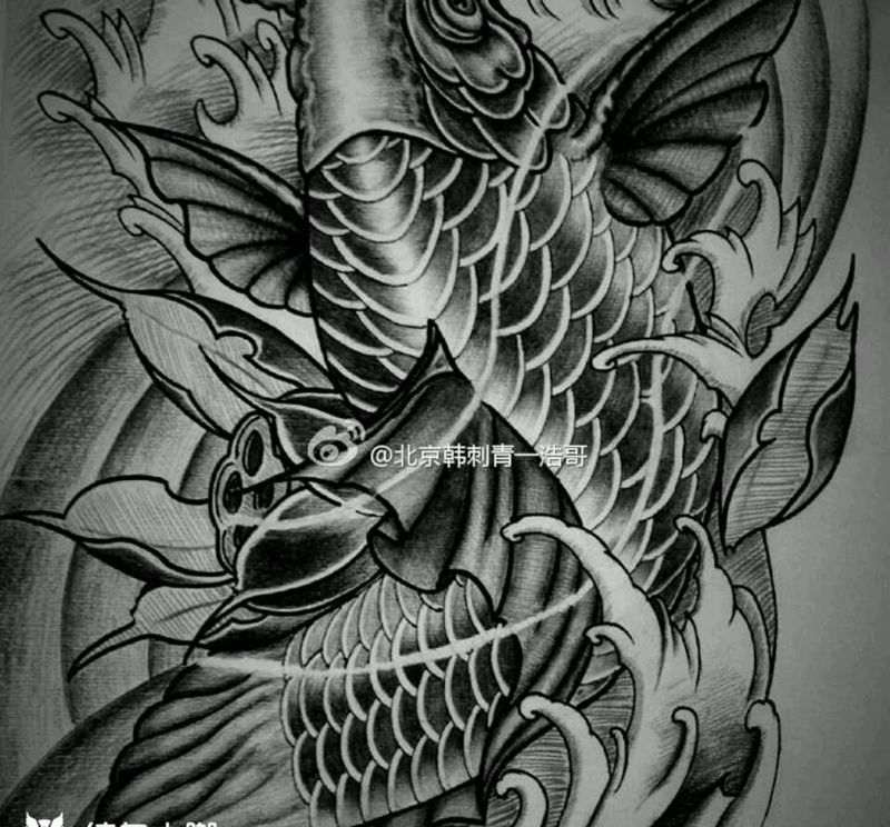 放出一张曾经的老稿子！纹身图片_肩部胸部腰部背部手臂腿部传统动物手稿纹身图案