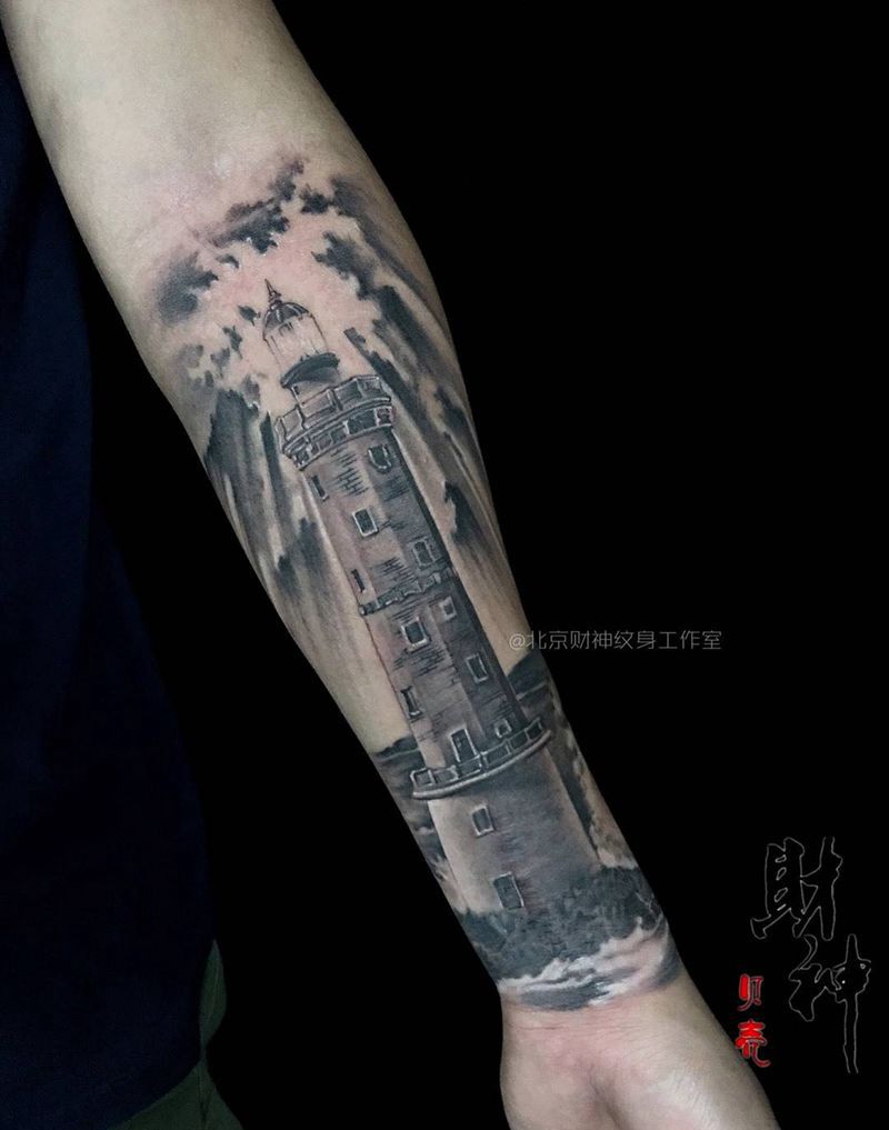 灯塔纹身图片_成品手臂欧美写实静物纹身图案