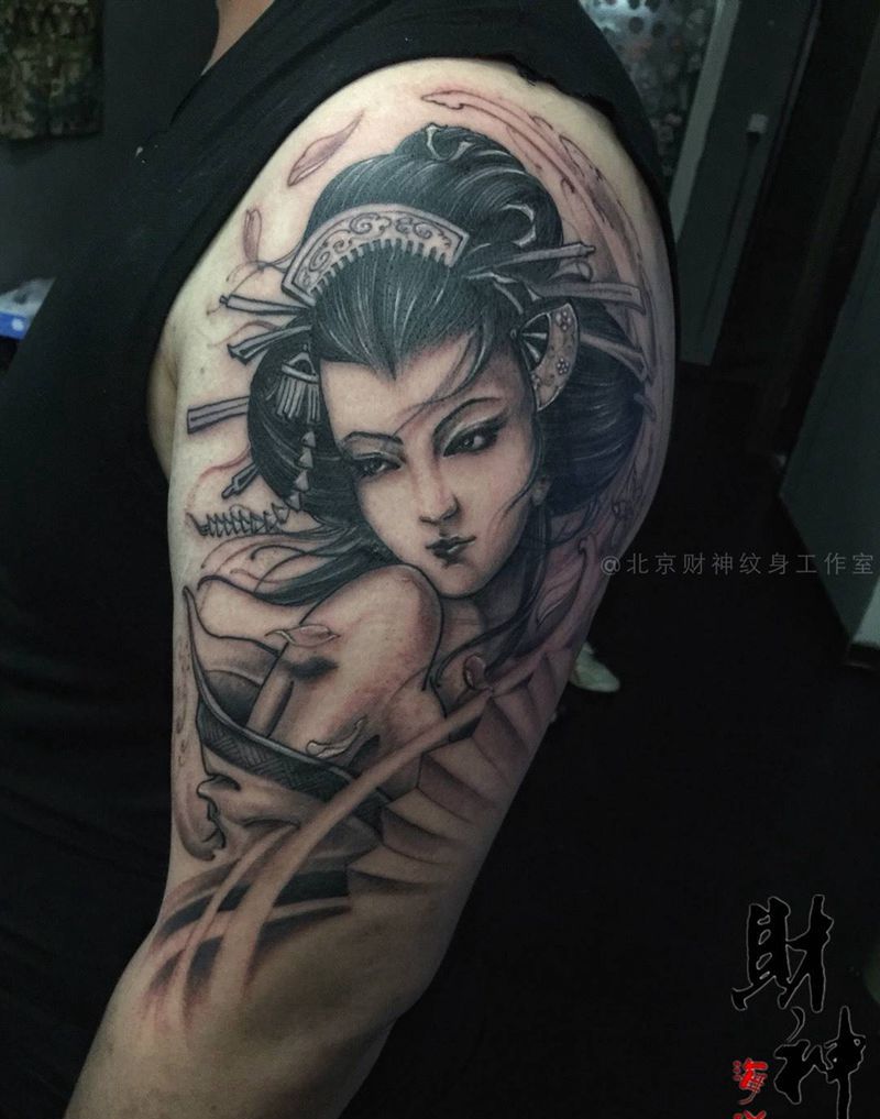 艺妓纹身图片_成品传统人物手臂肩部纹身图案