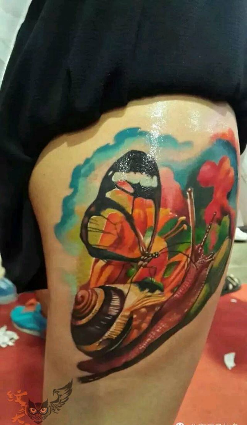 蝴蝶纹身图片_欧美写实国画腿部原创纹身图案