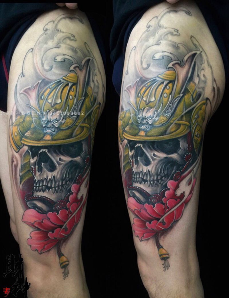 鬼武士纹身图片_成品传统静物鬼神腿部纹身图案
