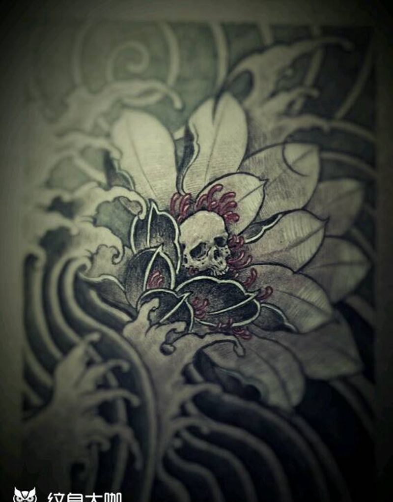 荷花纹身图片_胸部腹部腰部手臂腿部传统植物鬼神手稿插画纹身图案