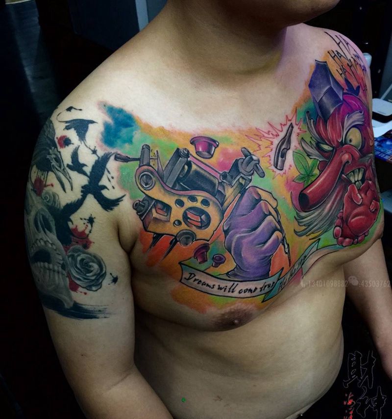 天狗纹身图片_成品欧美人物鬼神原创胸部纹身图案