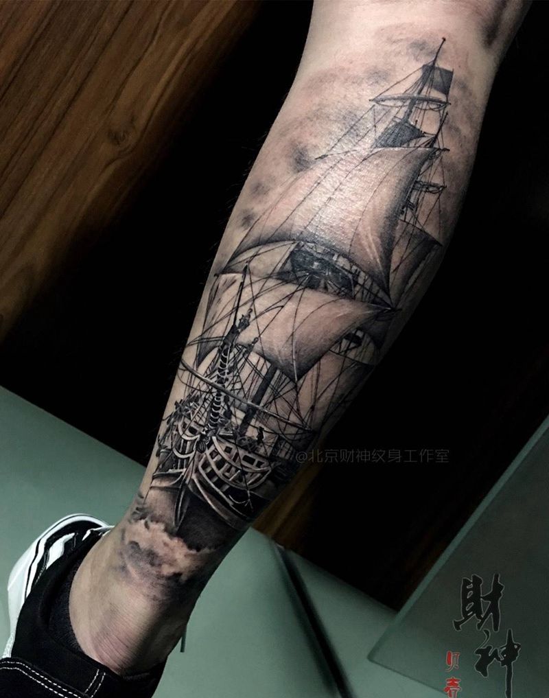 一帆风顺纹身图片_成品欧美腿部纹身图案