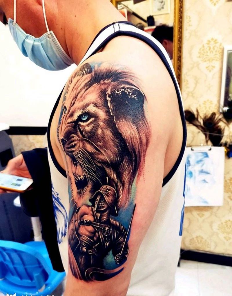 狮子和武士纹身，钟表玫瑰花船锚纹身图片_欧美写实纹身图案