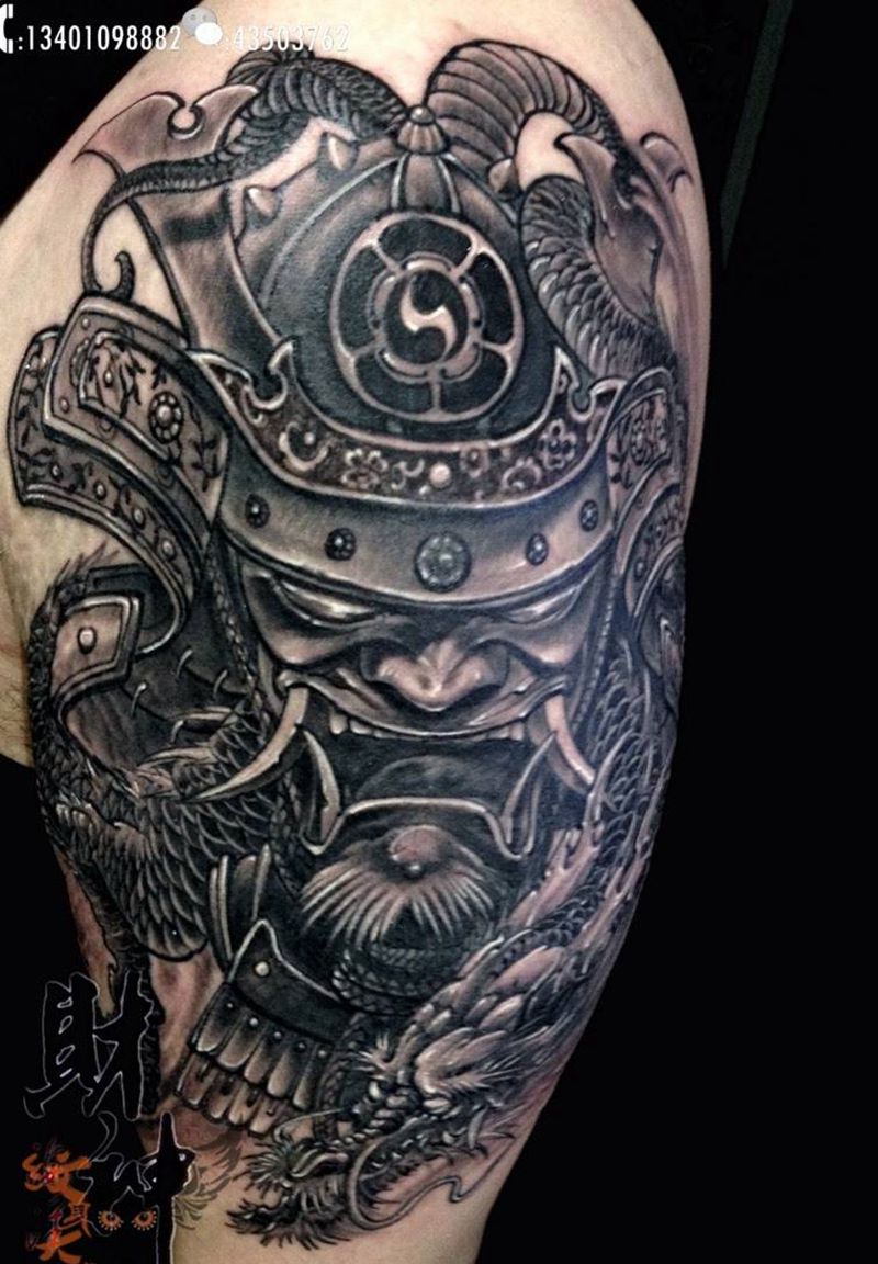 鬼武士纹身图片_成品肩部手臂传统欧美肖像写实人物鬼神宗教纹身图案