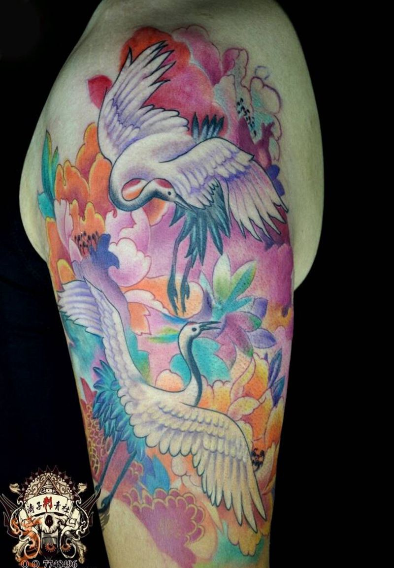 鹤起纹身图片_手臂动物纹身图案